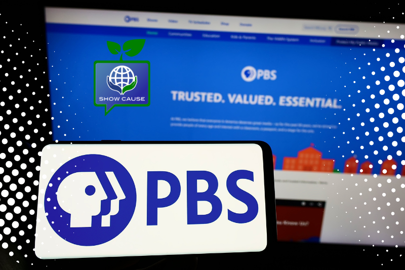 A smartphone displays the PBS logo in front of a computer screen showing the PBS website, with a graphic overlay of a speech bubble labeled Show Cause and a globe icon with leaves.