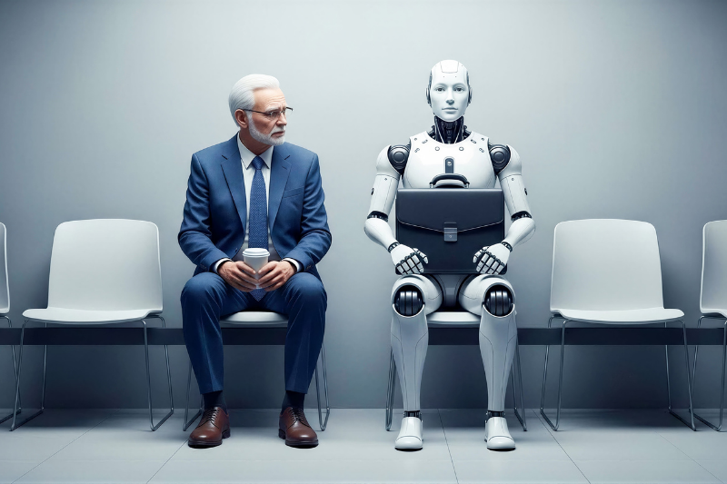 A man in a suit holding a coffee cup sits next to a humanoid robot holding a briefcase in a waiting room with white chairs, both facing forward.