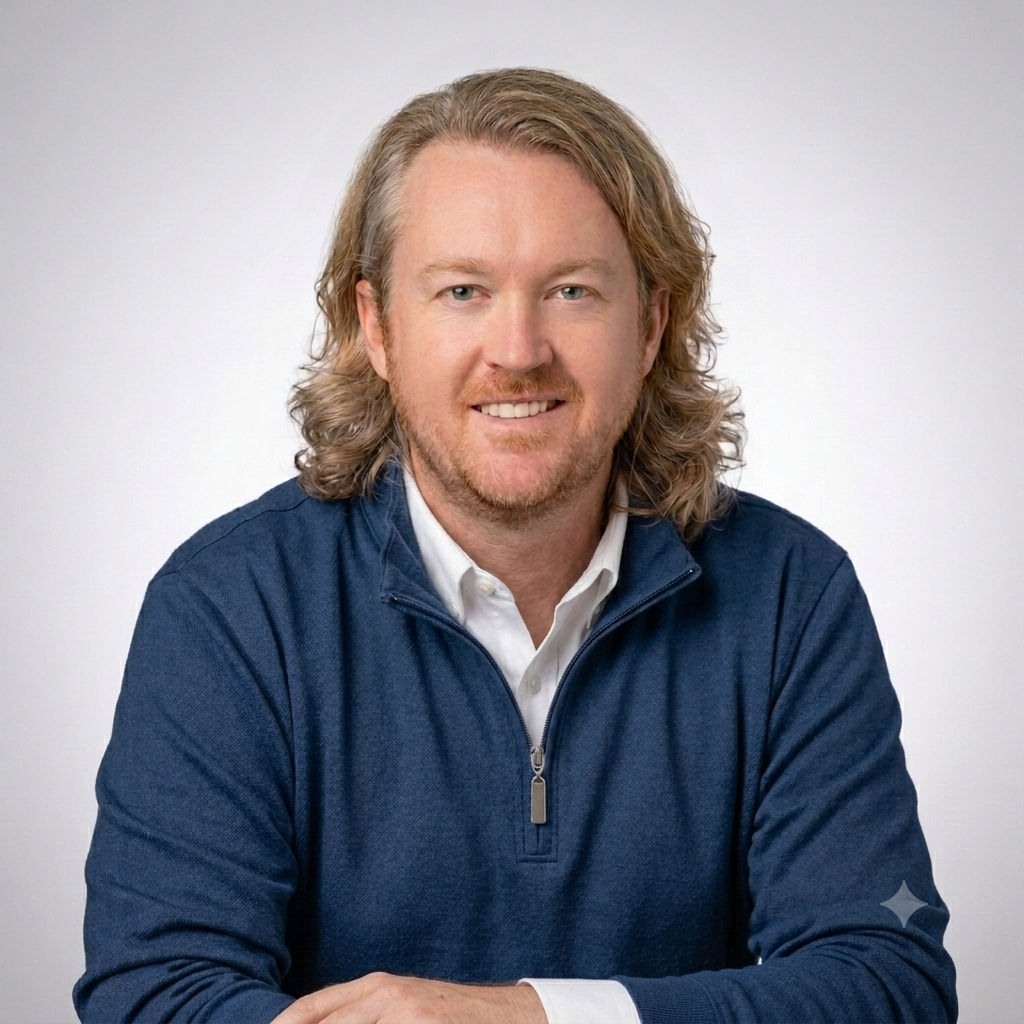 A man with shoulder-length wavy hair and a beard, wearing a navy blue zip-up sweater over a white collared shirt, sits smiling with his arms resting on a table against a plain light background.