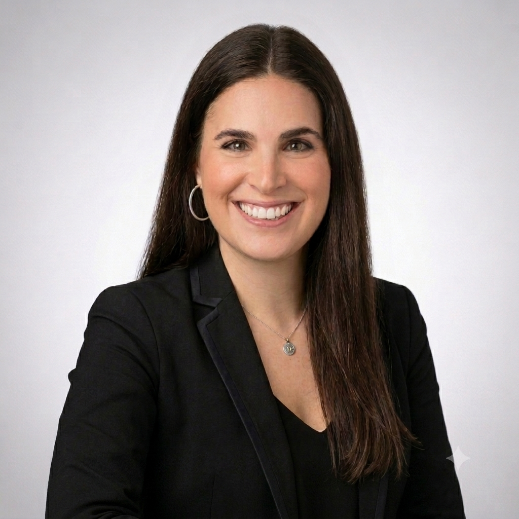 A woman with long brown hair wearing a black blazer and necklace smiles at the camera against a plain light background.