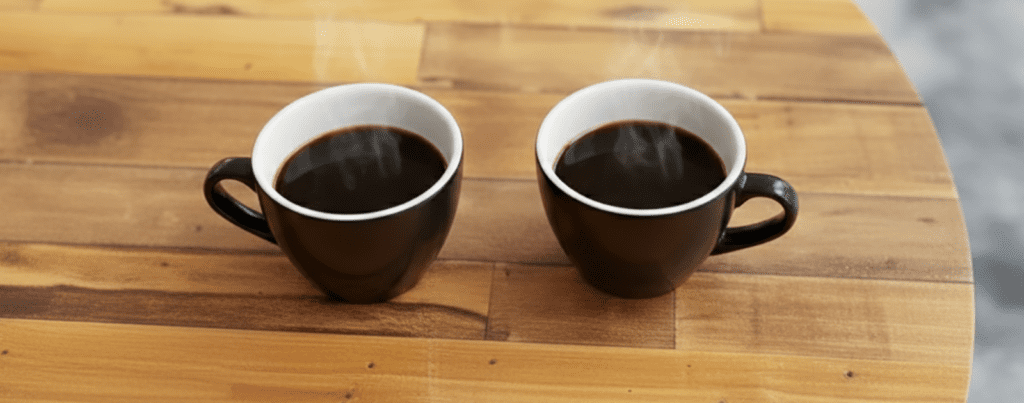 Two steaming black coffee mugs sit side by side on a wooden table, viewed from above.