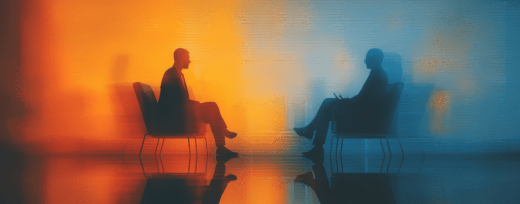 Two people sit facing each other in chairs, silhouetted against a vibrant background split between warm orange on the left and cool blue on the right, creating a dramatic, abstract atmosphere.