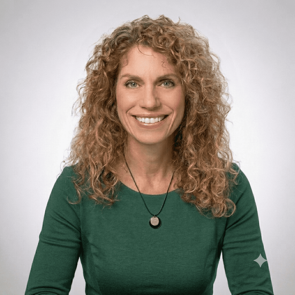 A woman with curly light brown hair, wearing a green long-sleeve top and a necklace with a round pendant, smiles at the camera against a plain light background.