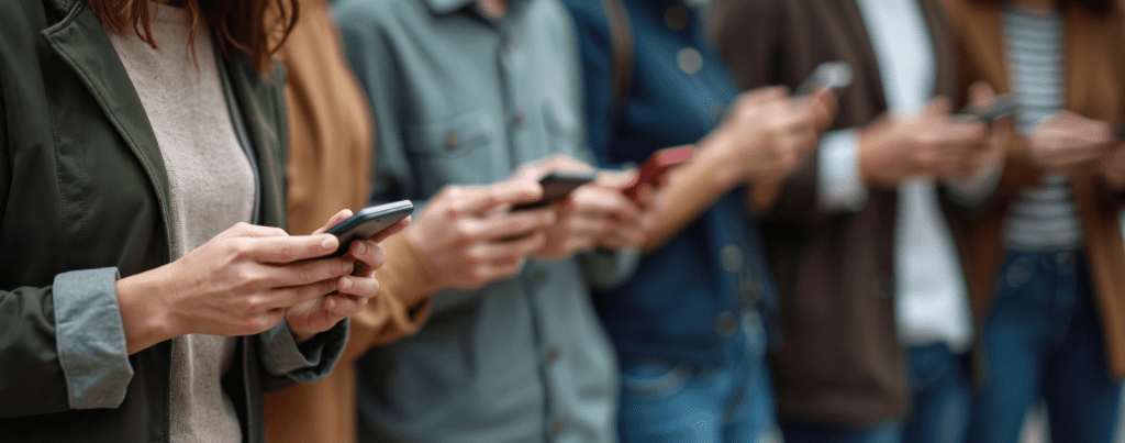A group of people standing in a row, each holding and using a smartphone. The focus is on their hands and phones, with their faces out of frame and blurred in the background.