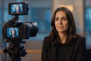 A woman with long dark hair sits in front of a camera, being filmed for an interview in a softly lit indoor setting. Her image appears on the camera’s screen.