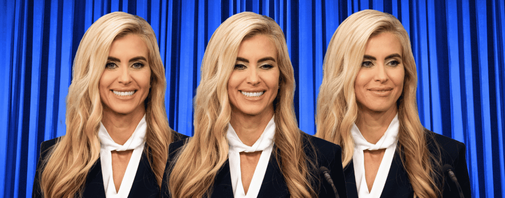 Three identical portraits of a blonde woman wearing a dark blazer and white shirt against a blue curtain background.